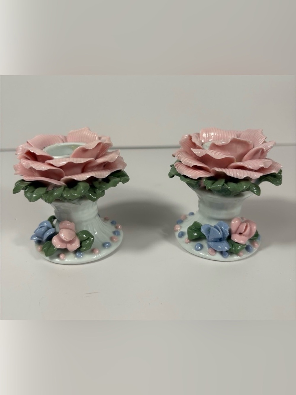 Vintage Porcelain Tapered Candle Holders with Pink and Blue Roses. 3”T x 2.25”W